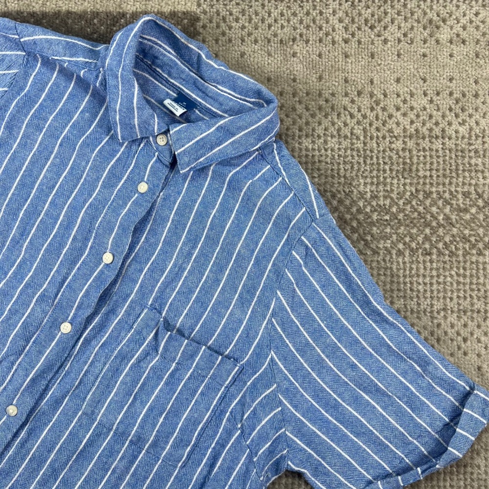 Old Navy Womens M Tall Blue Striped Linen Blend Short Sleeve Button Up Shirt